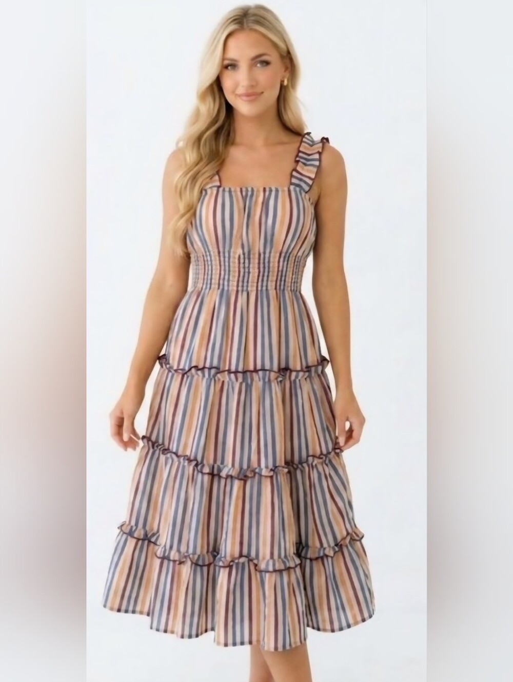 Tularosa Striped Ruffle Tiered Midi Dress Large